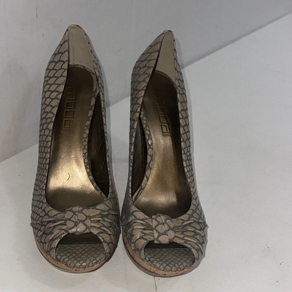 Moda Peep Toe Snakeskin Taupe Stiletto Bow Wedge Platform Pumps‎ Heels 8.5 M